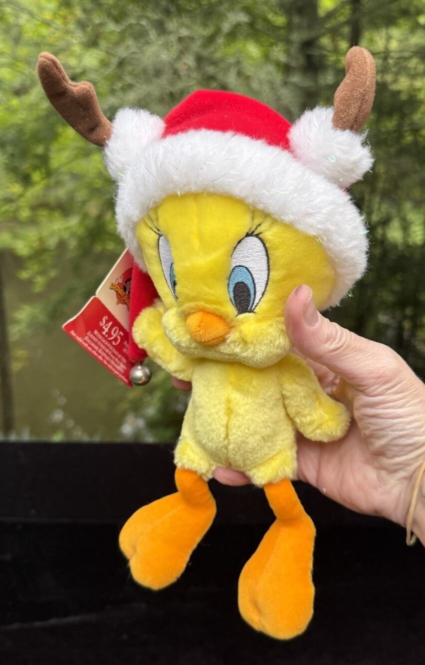 Hallmark Tweety Bird Plush Small Yellow New Santa Hat Reindeer Antlers Cute! New